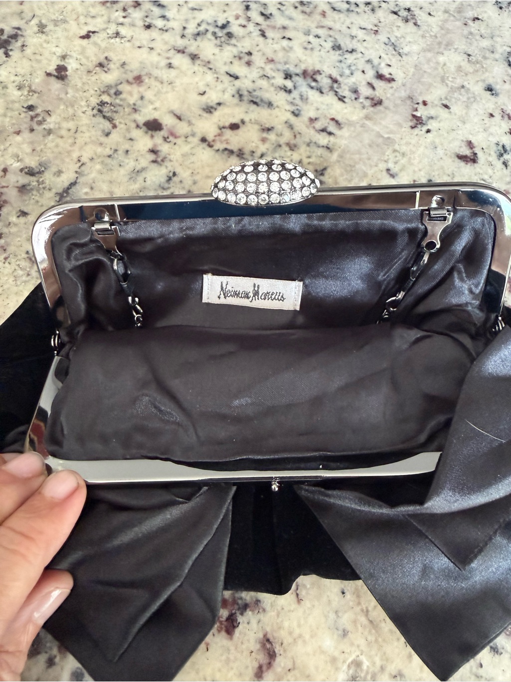 Neiman Marcus Black Velvet & Satin Bow Clutch Evening Bag With Rhinestone Clasp. — image 3 of 8